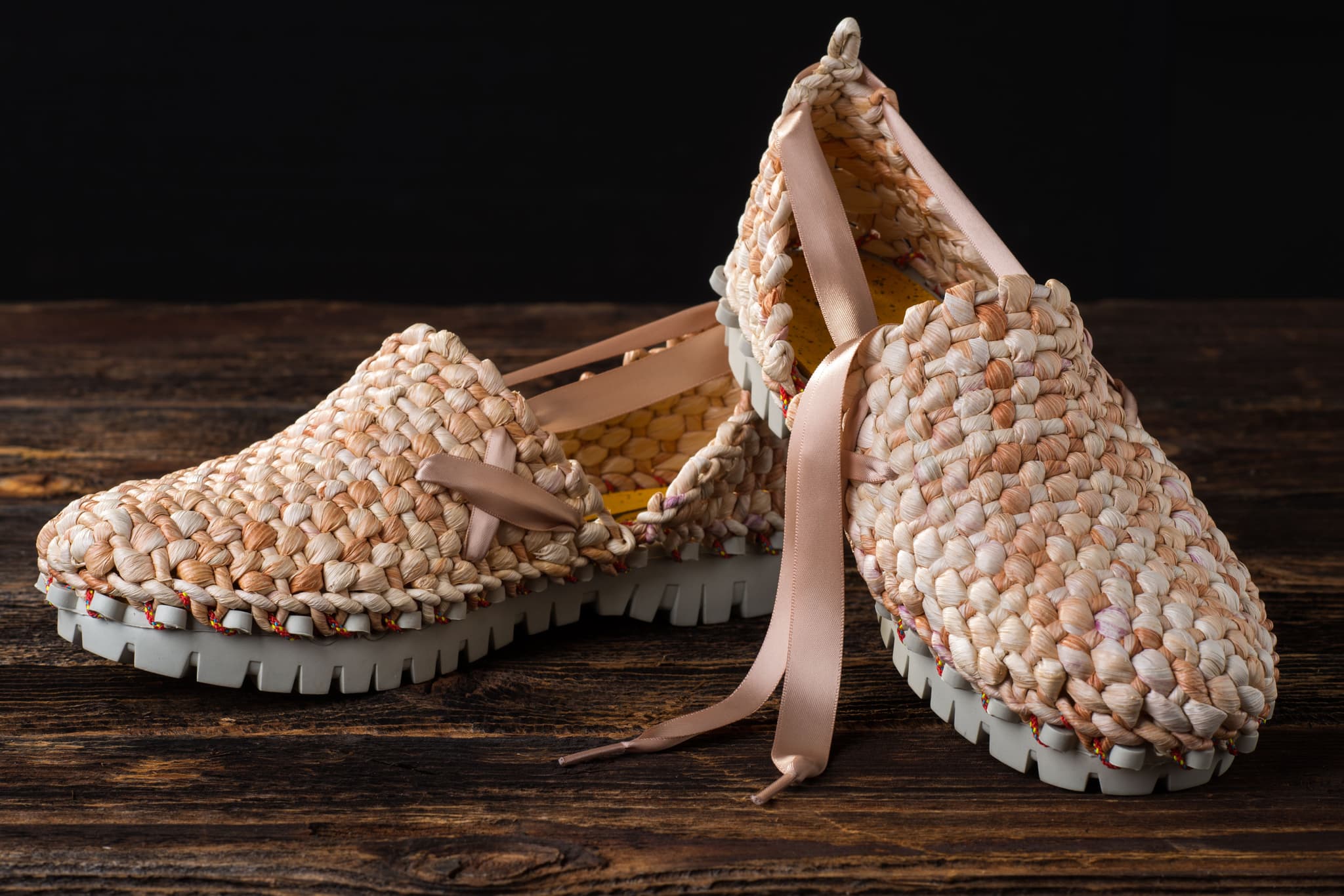 Corn Dolly Shoes are designed to be home-repairable. They use a cord to attached upper to the sole, so no glue or synthetic adhesives are required. This allows the user to easily remove and replace the upper part once it wears out