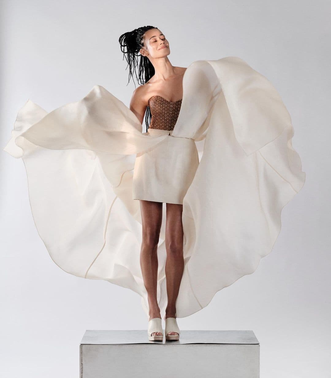 Fermented Beauty by Felder Felder for Ecouture 2023 - LA Edition. The laser cut Kombucha material, SCOBY-compo, has been designed and produced by London based designer Riina O. (Photographer: @brix and maas)