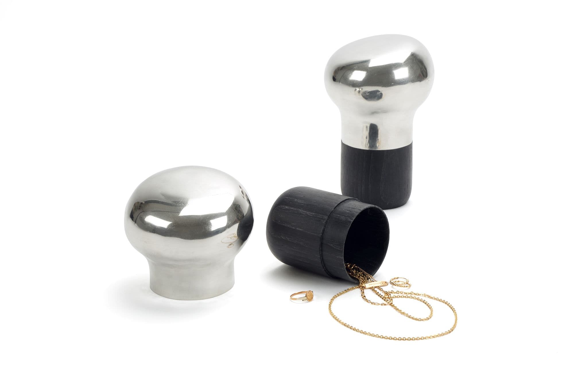 Argent de Poche by Brichet Ziegler: plain chestnut wood naturally blue stained and waxed, turned copper top with a silver finish. (Photo by Baptiste Heller)