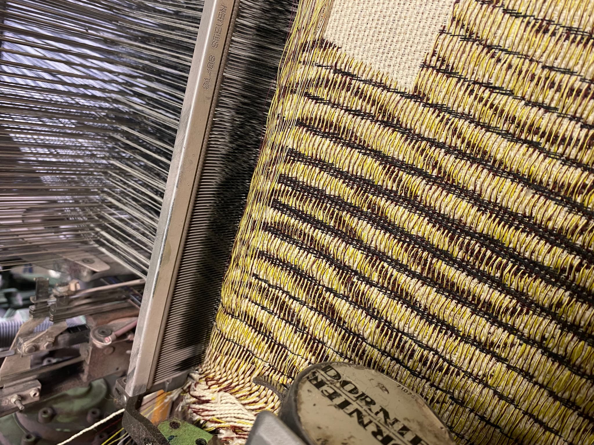 Jacquard woven textile from local Swedish wool, deadstock linen and Japanese paper yarn, woven at the weaving mill Innvik in Norway by Vevft. The textile is part of a bigger collaboration project with bag designer Matilda Venczel