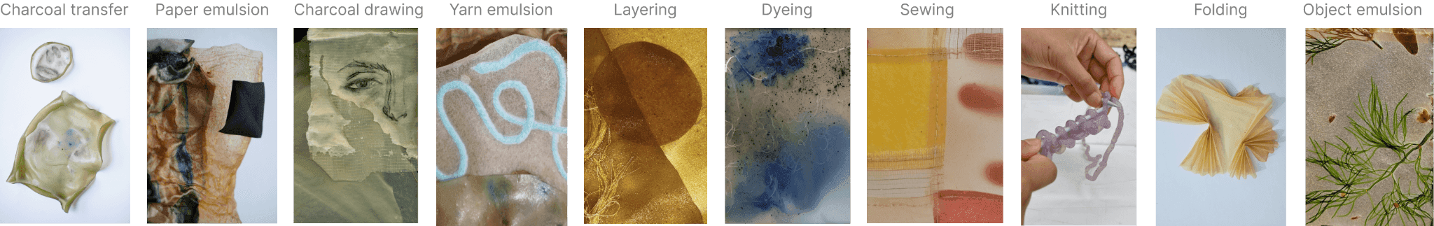 Cynthia explores self-image through innovative techniques like charcoal transfer and layering.