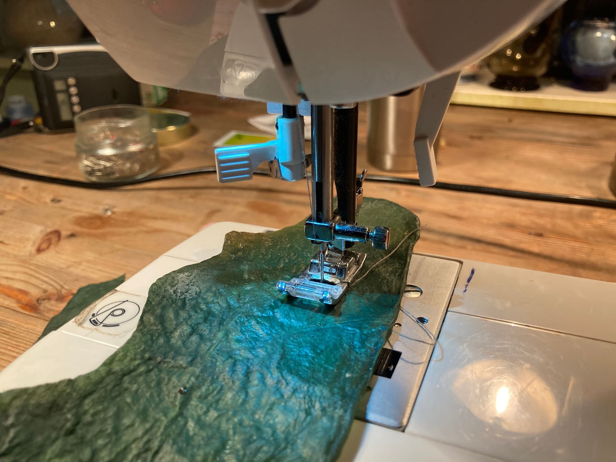 Bacterial cellulose leather being stitched on a standard sewing machine