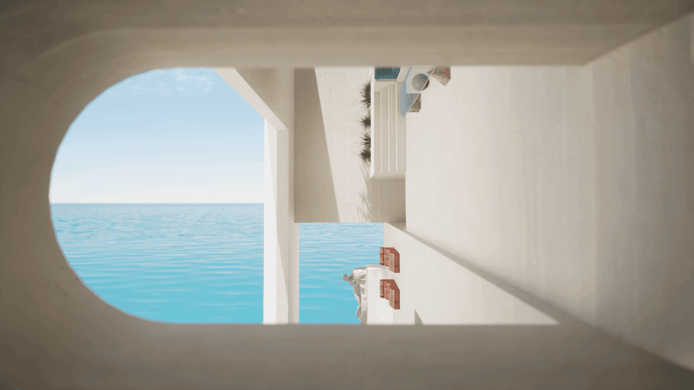 The physical perception is disrupted in the Metacave, where the orientation between the landscape and the architectural space almost never align.