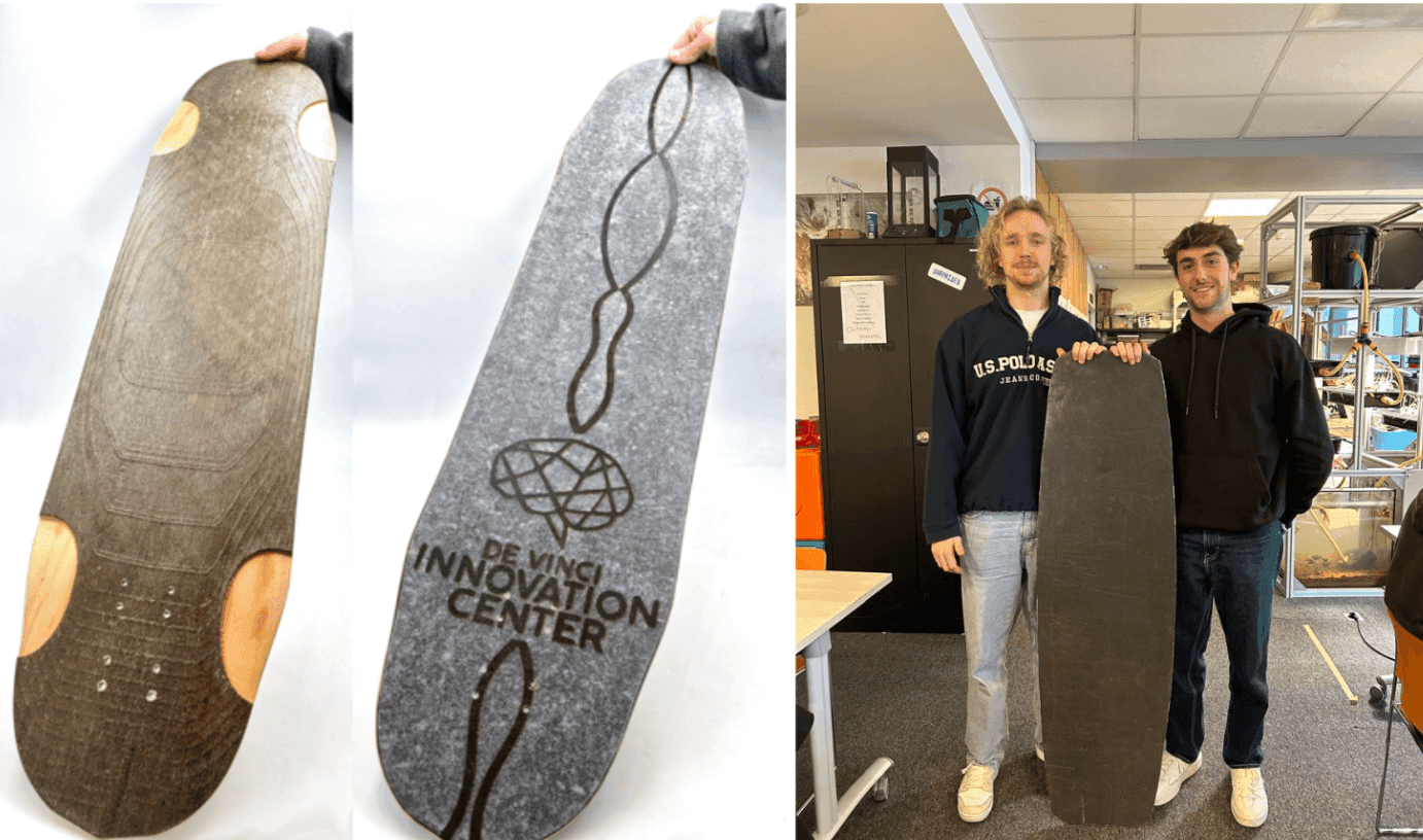 The Biocomposite Longboard by Mathis Tiberghien and Yohan Cossez create at IFT. It features a longboard made from biomaterials such as flax and basalt fibers and a biosourced epoxy resin.
