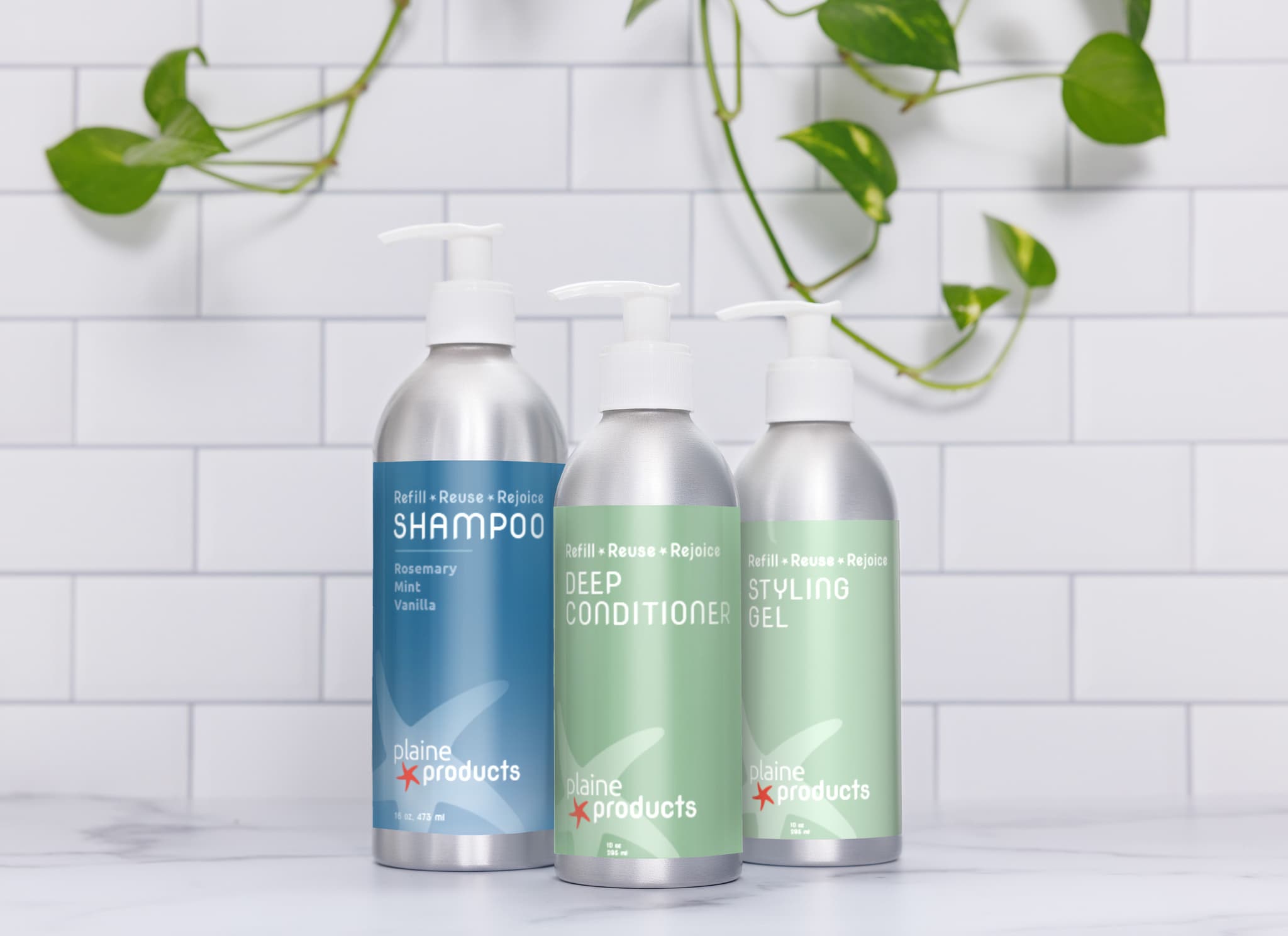 Shampoo, Deep Conditioner and Styling Gel from Plaine Products