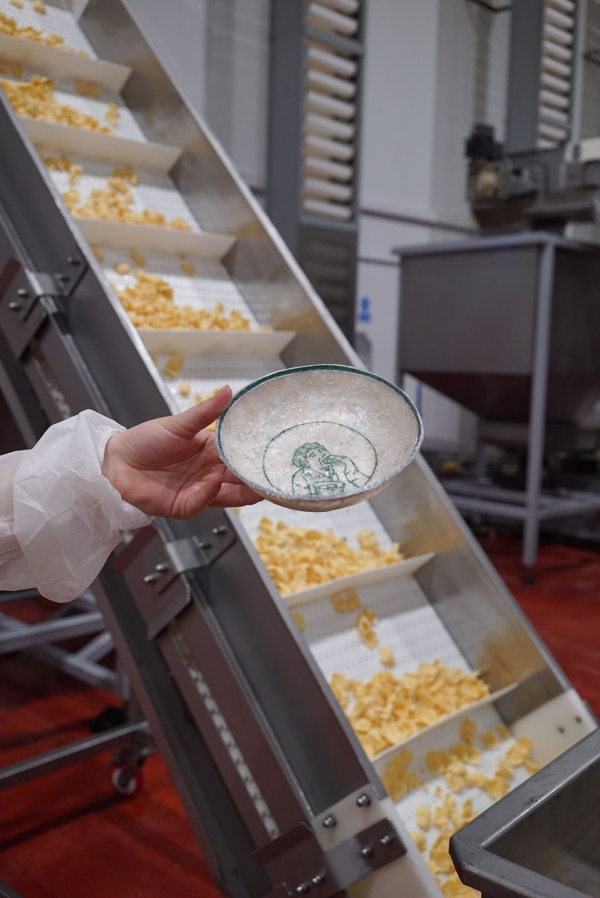 Crispy, a series of serving bowls crafted entirely from repurposed post-consumer crisp packaging, from their structure to their coating.