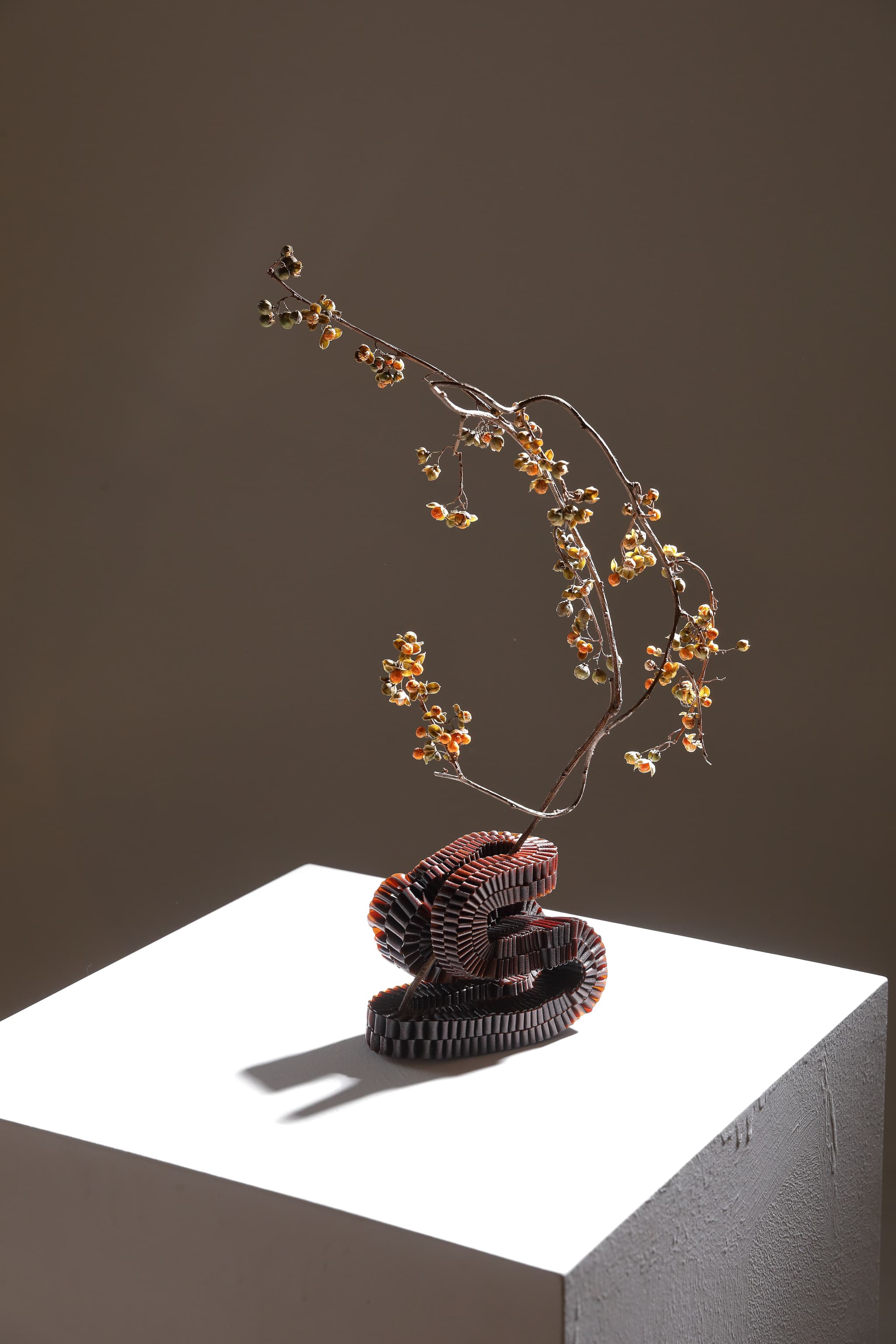 The flower stand is made of an algae and coffee-based biodegradable material.